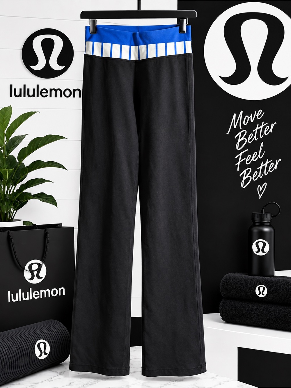 lululemon athletica Black Wide-Leg Joggers with Blue & White Waistband